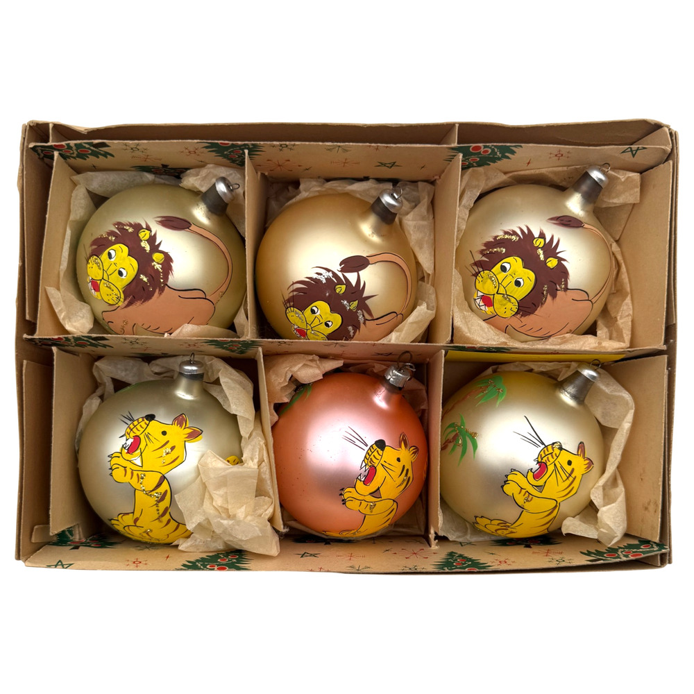 Lot of 6 Jumbo Glass Christmas Ornaments Painted Lion Tiger Cat Made in Italy 4"